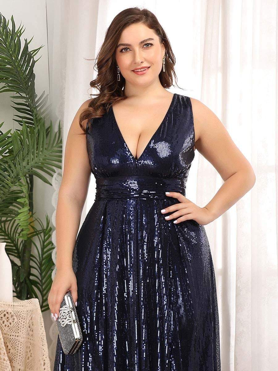 Color=Navy Blue | Gorgeous Double V Neck Sleeveless Sequin Dress-Navy Blue 10