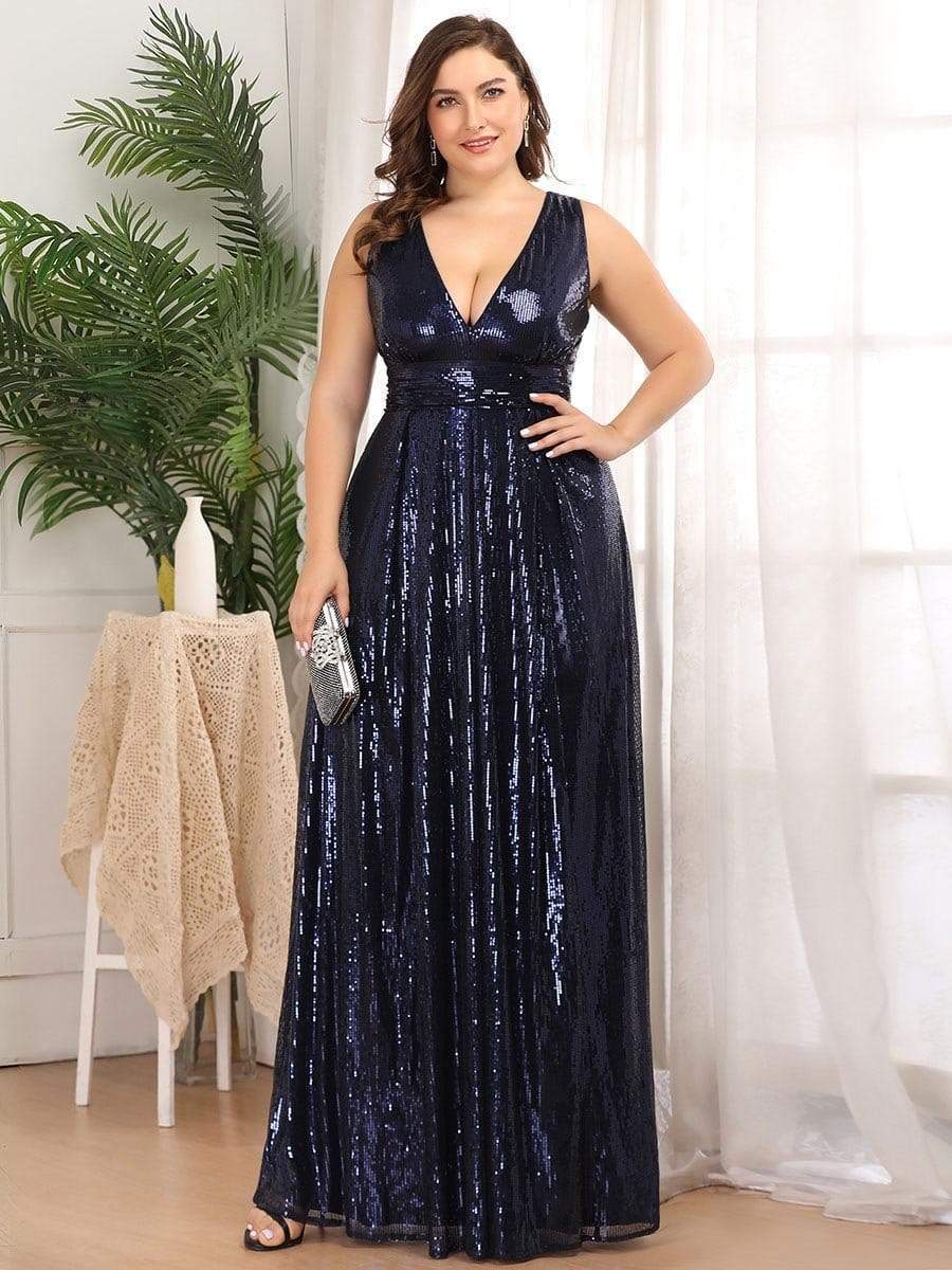 Color=Navy Blue | Gorgeous Double V Neck Sleeveless Sequin Dress-Navy Blue 6