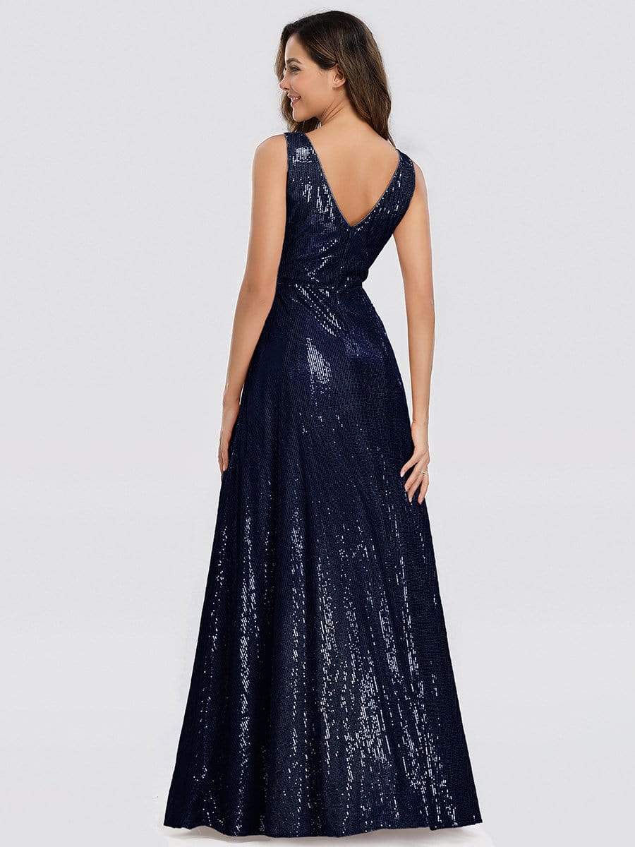 Color=Navy Blue | Gorgeous Double V Neck Sleeveless Sequin Dress-Navy Blue 2