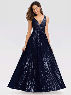 Color=Navy Blue | Gorgeous Double V Neck Sleeveless Sequin Dress-Navy Blue 3