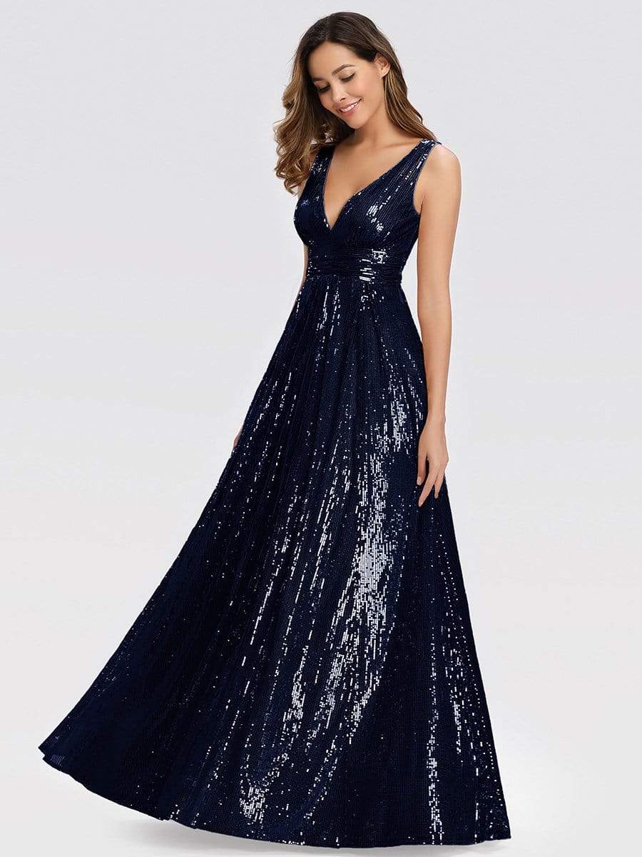 Color=Navy Blue | Gorgeous Double V Neck Sleeveless Sequin Dress-Navy Blue 4