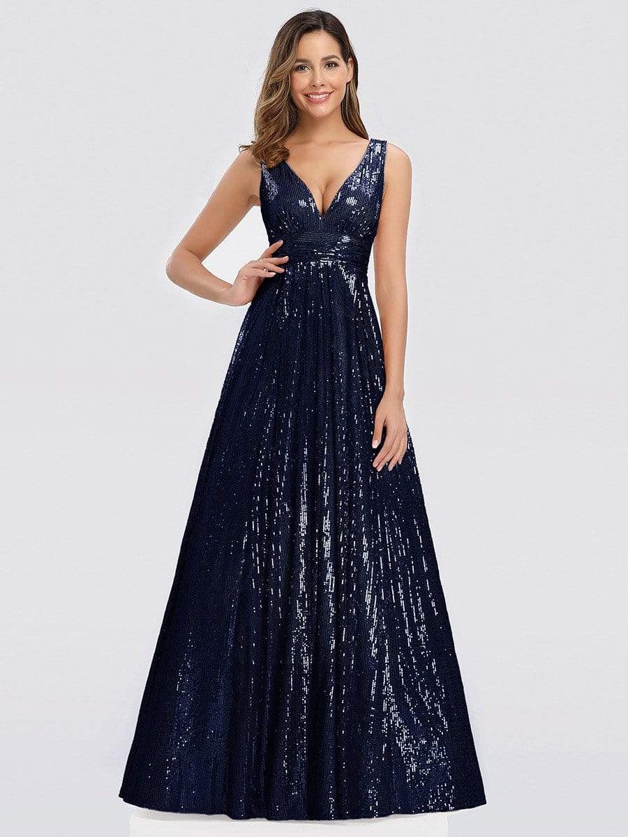 Color=Navy Blue | Gorgeous Double V Neck Sleeveless Sequin Dress-Navy Blue 1