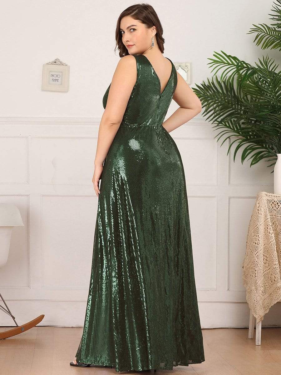 Color=Olive Green | Gorgeous Double V Neck Sleeveless Sequin Dress-Olive Green 2