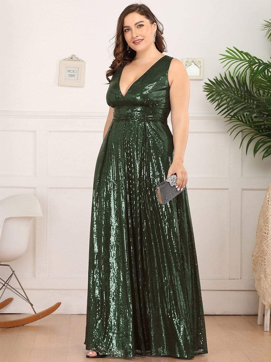 Color=Olive Green | Gorgeous Double V Neck Sleeveless Sequin Dress-Olive Green 8