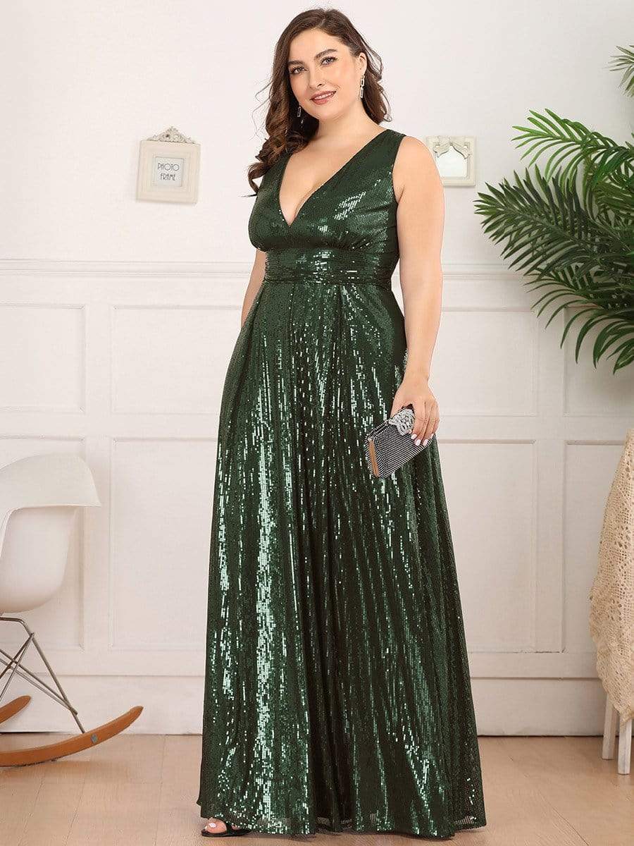 Color=Olive Green | Gorgeous Double V Neck Sleeveless Sequin Dress-Olive Green 3