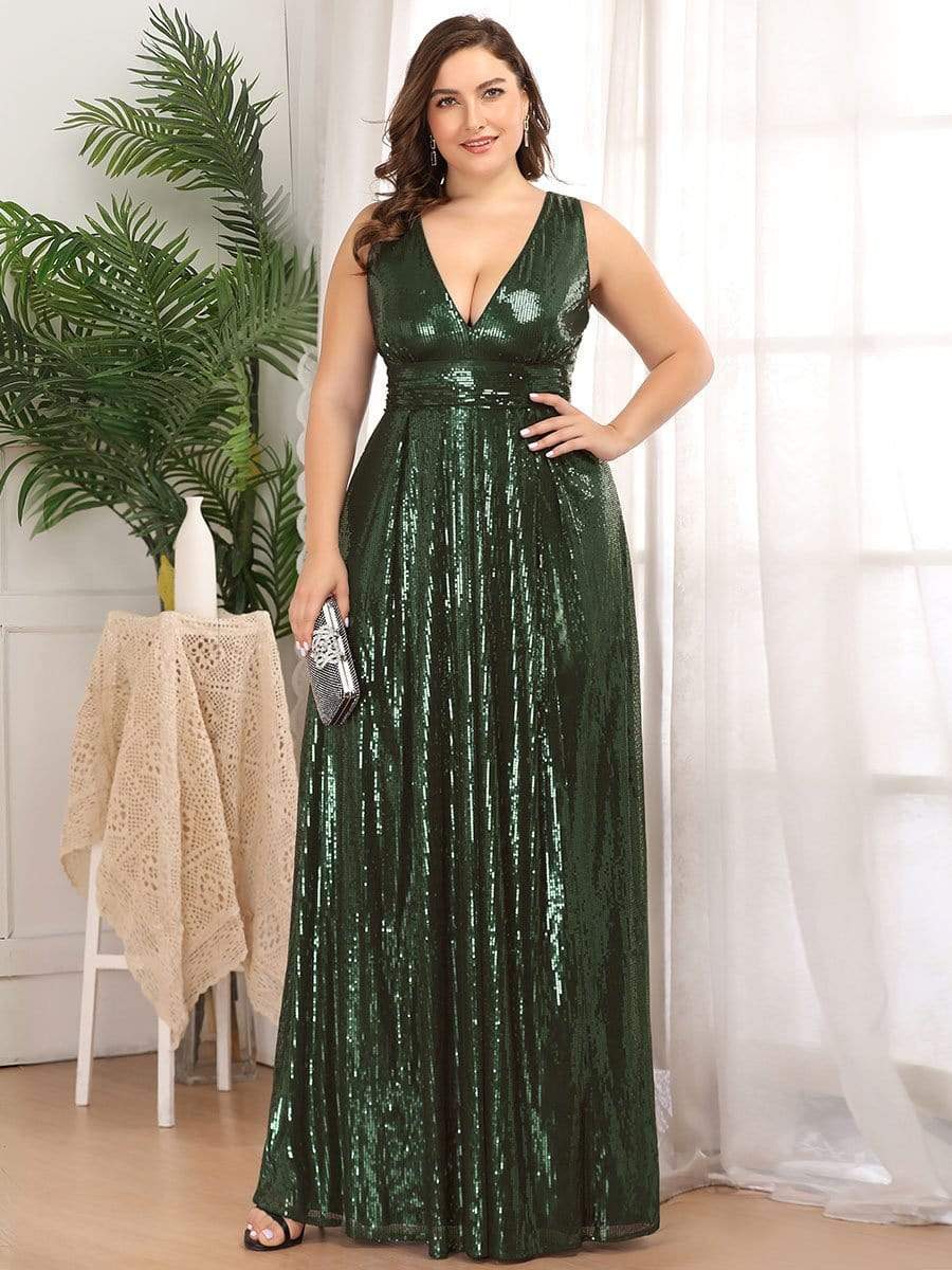 Color=Olive Green | Gorgeous Double V Neck Sleeveless Sequin Dress-Olive Green 6