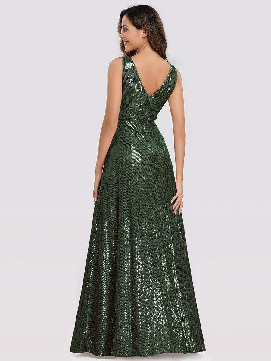 Color=Olive Green | Gorgeous Double V Neck Sleeveless Sequin Dress-Olive Green 2