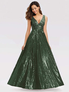 Color=Olive Green | Gorgeous Double V Neck Sleeveless Sequin Dress-Olive Green 3