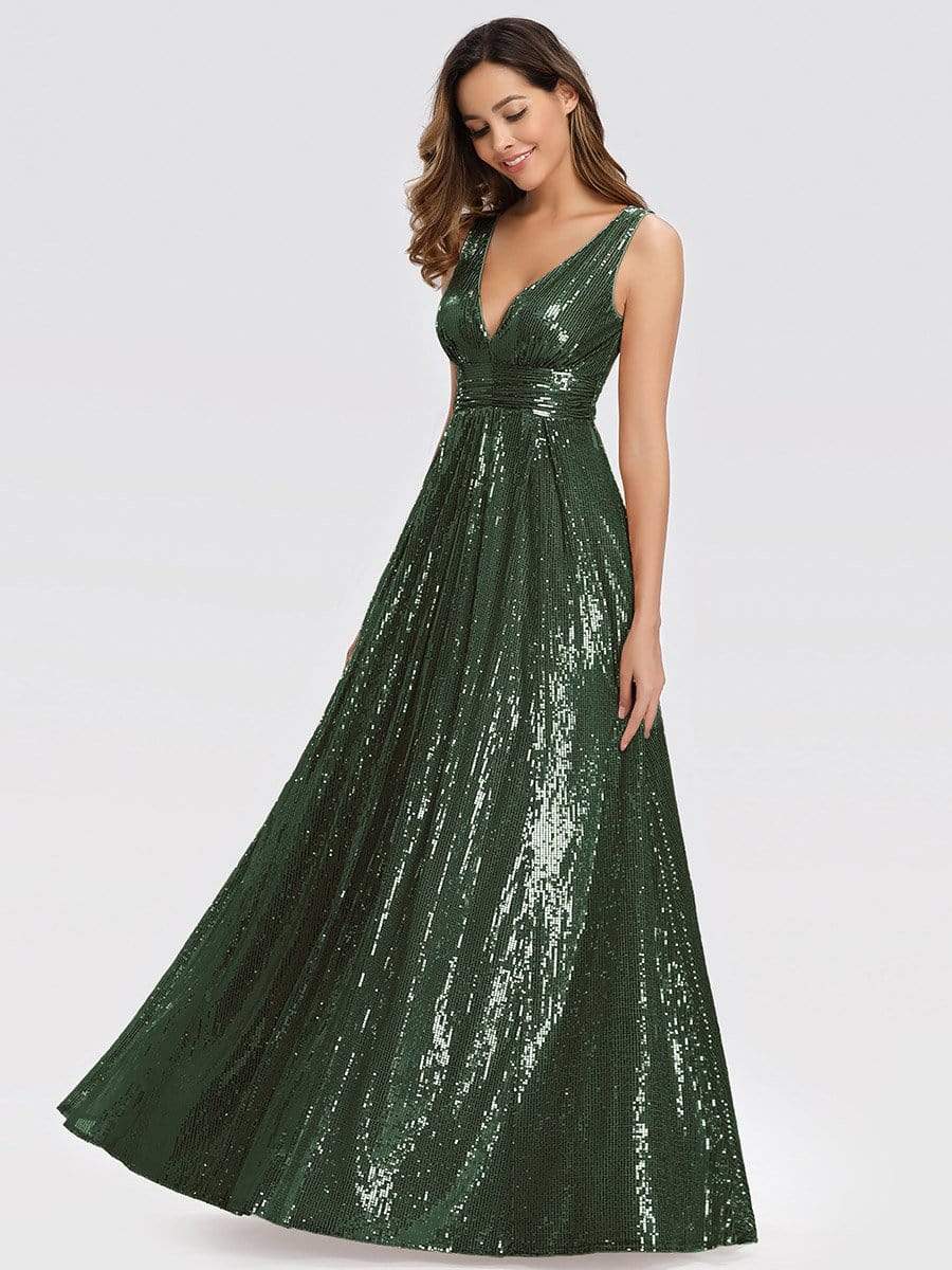 Color=Olive Green | Gorgeous Double V Neck Sleeveless Sequin Dress-Olive Green 4