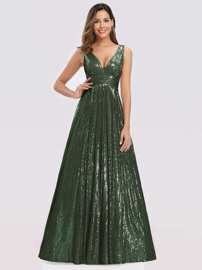 Color=Olive Green | Gorgeous Double V Neck Sleeveless Sequin Dress-Olive Green 1