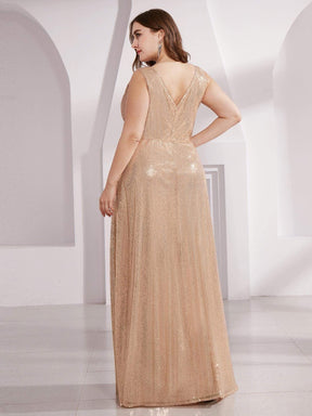 Color=Rose Gold | Plus Size Gorgeous Double V Neck Sleeveless Sequin Dress-Rose Gold 2