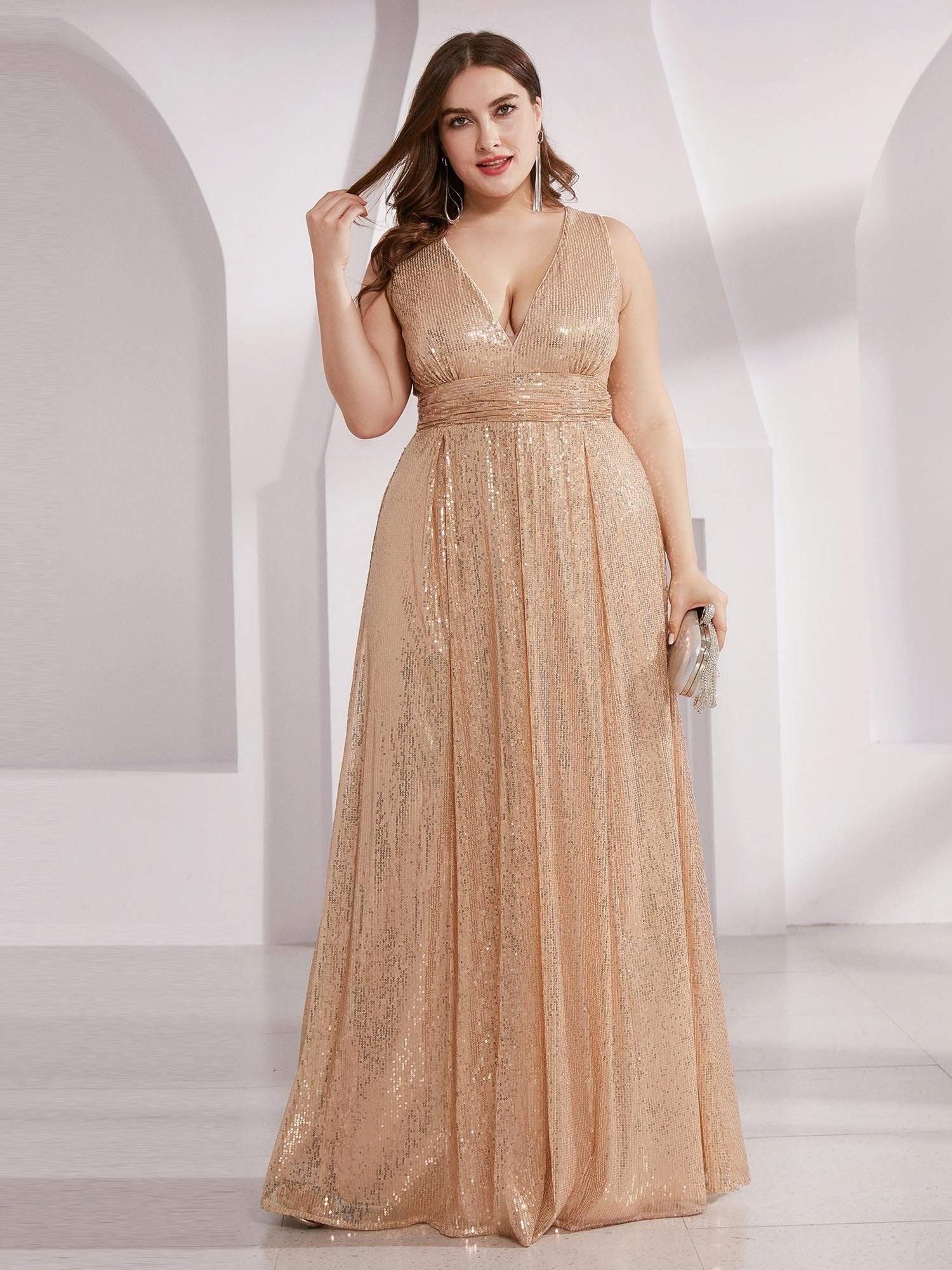 Color=Rose Gold | Gorgeous Double V Neck Sleeveless Sequin Dress-Rose Gold 9