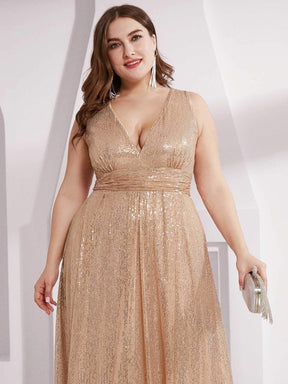 Color=Rose Gold | Plus Size Gorgeous Double V Neck Sleeveless Sequin Dress-Rose Gold 5