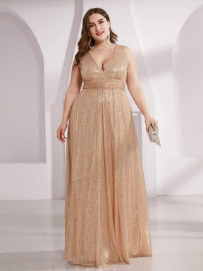 Color=Rose Gold | Plus Size Gorgeous Double V Neck Sleeveless Sequin Dress-Rose Gold 1