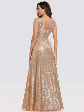 Color=Rose Gold | Gorgeous Double V Neck Sleeveless Sequin Dress-Rose Gold 4