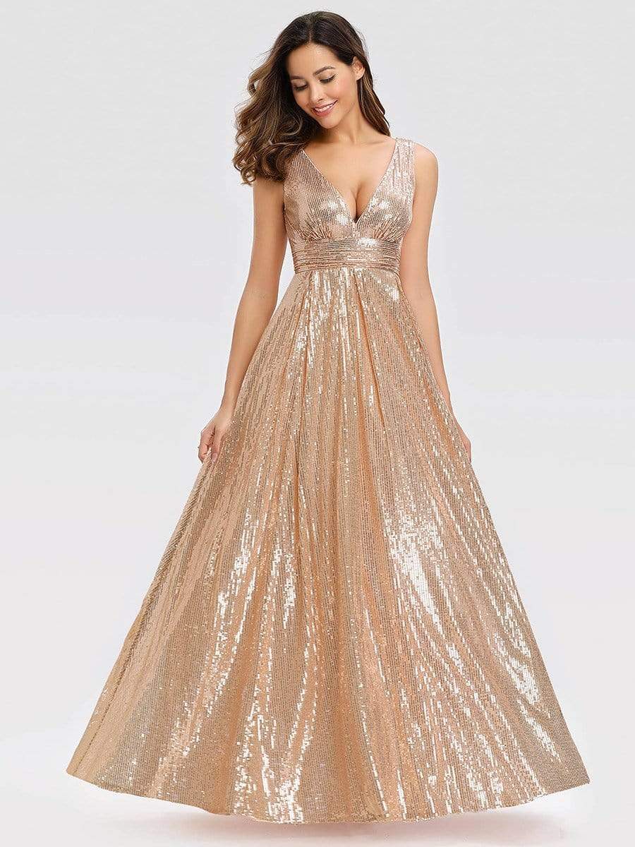 Color=Rose Gold | Gorgeous Double V Neck Sleeveless Sequin Dress-Rose Gold 2