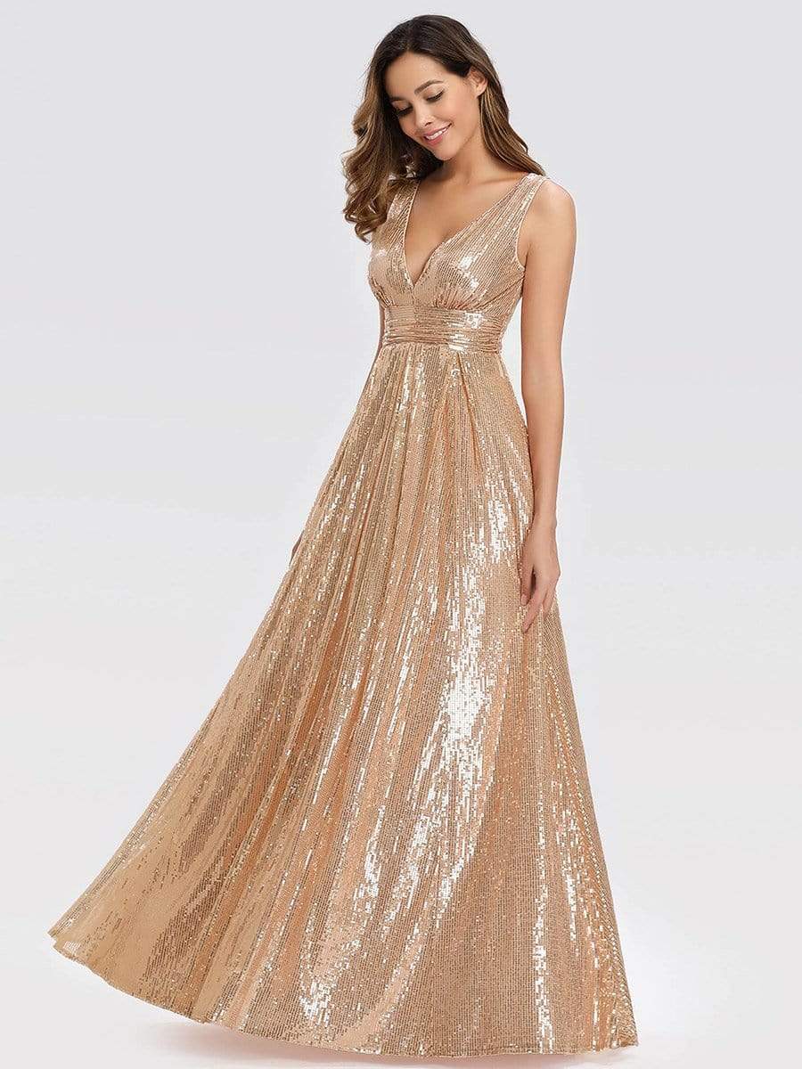 Color=Rose Gold | Gorgeous Double V Neck Sleeveless Sequin Dress-Rose Gold 5