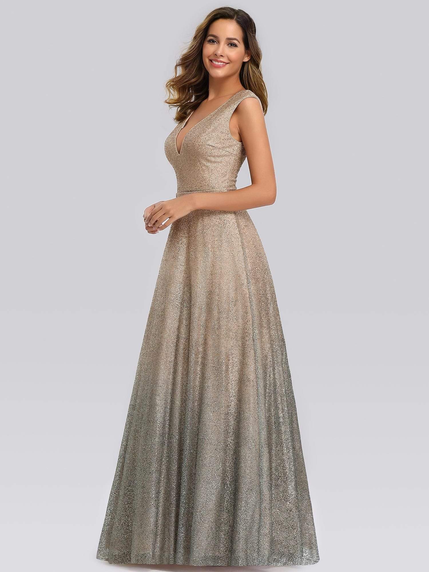 Color=Blush | Gradient V Neck Floor Length Evening Dress-Blush 4