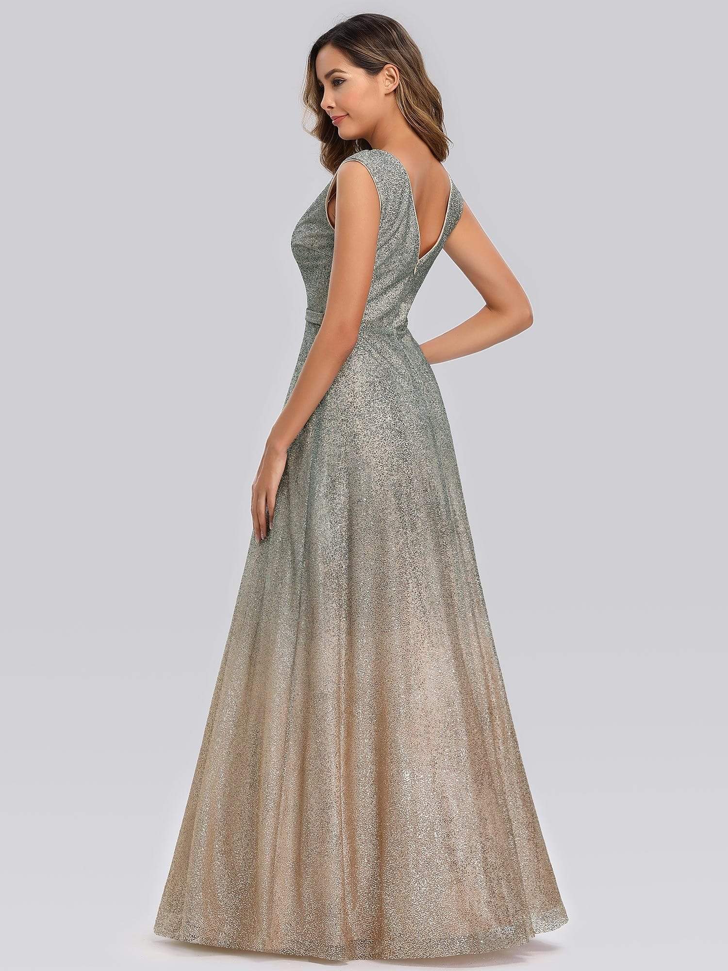 Color=Grey | Gradient V Neck Floor Length Evening Dress-Grey 3