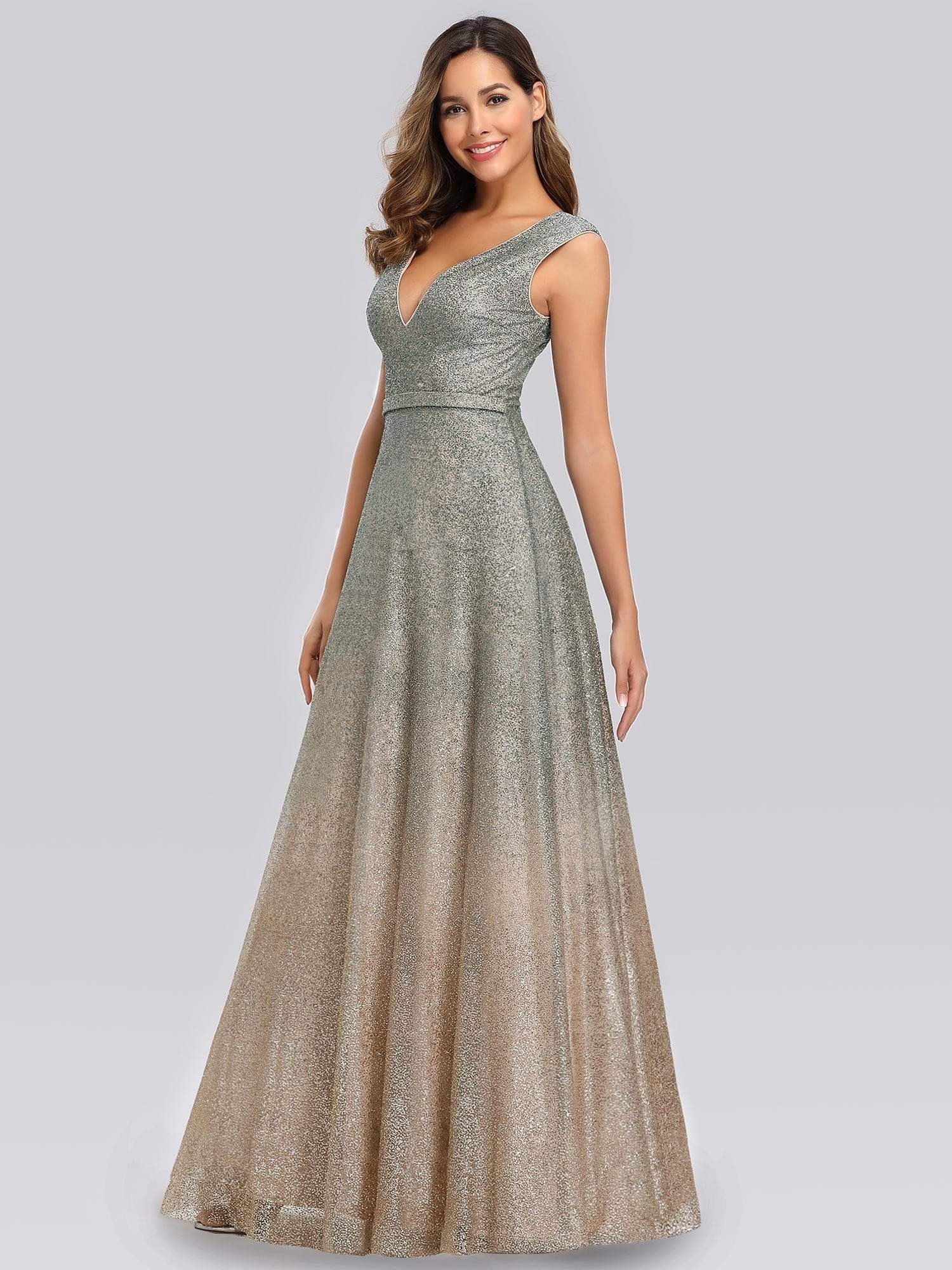 Color=Grey | Gradient V Neck Floor Length Evening Dress-Grey 4