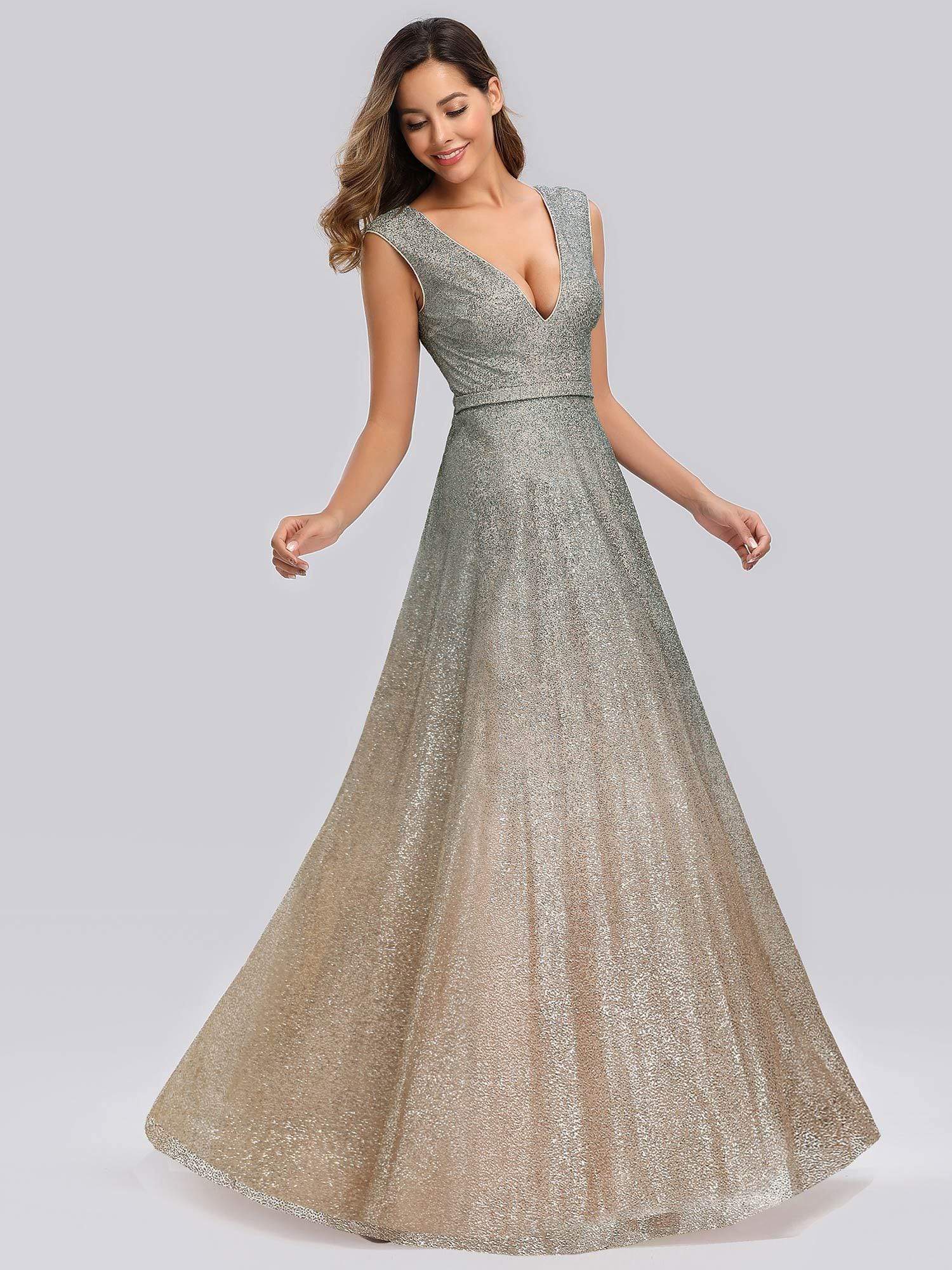 Color=Grey | Gradient V Neck Floor Length Evening Dress-Grey 1