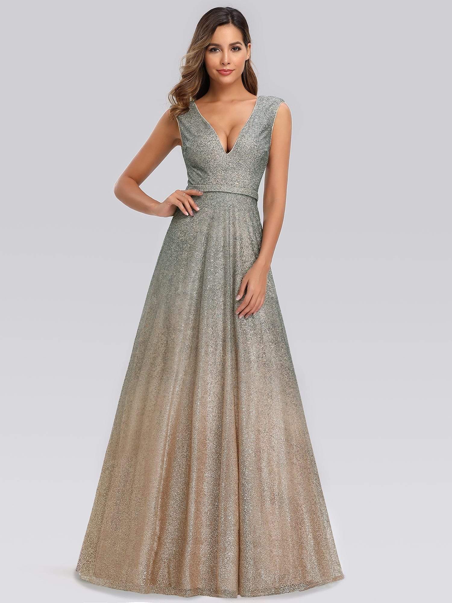 Color=Grey | Gradient V Neck Floor Length Evening Dress-Grey 2