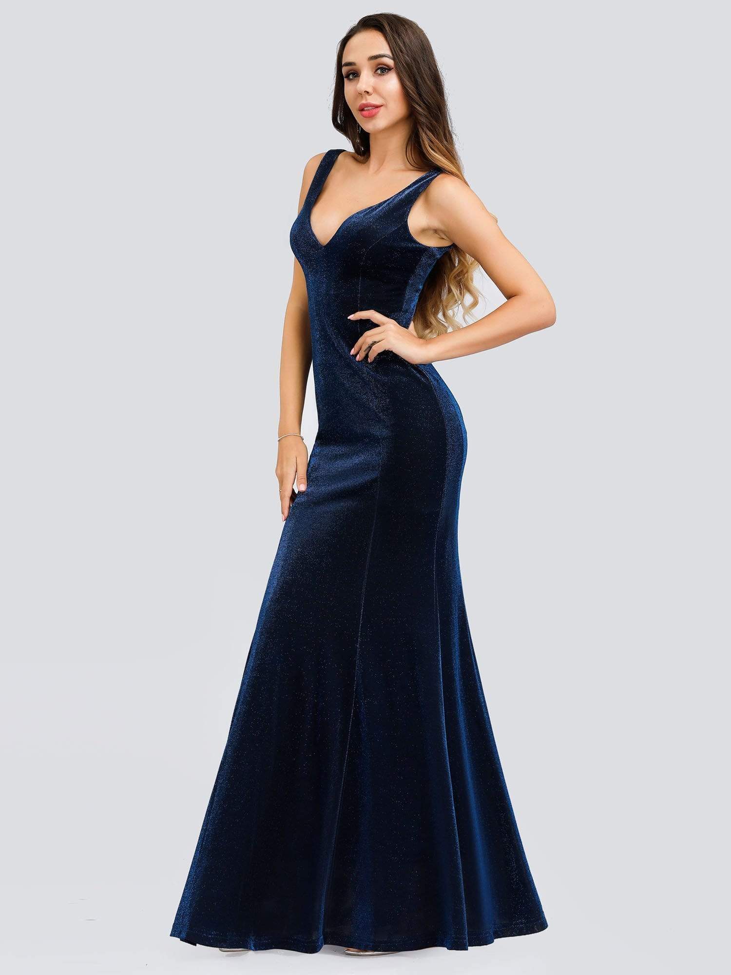 Color=Sapphire Blue | Women'S V-Neck Velvet Mermaid Dress Evening Maxi Dress-Sapphire Blue 3