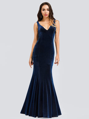 Color=Sapphire Blue | Women'S V-Neck Velvet Mermaid Dress Evening Maxi Dress-Sapphire Blue 4