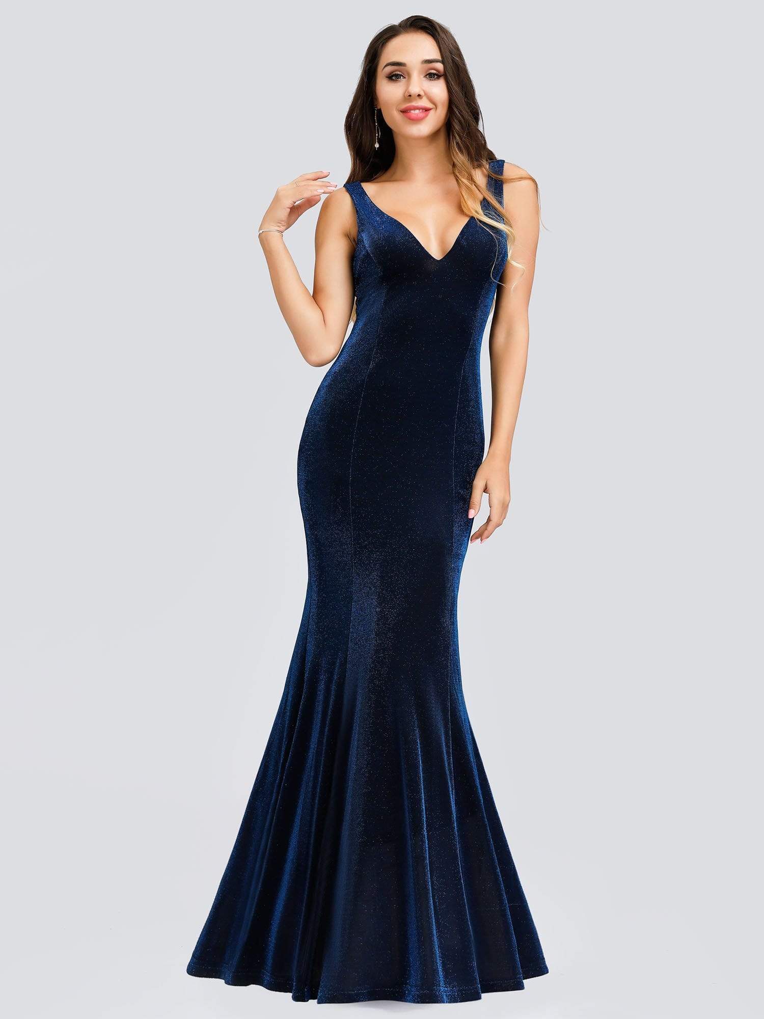 Color=Sapphire Blue | Women'S V-Neck Velvet Mermaid Dress Evening Maxi Dress-Sapphire Blue 1