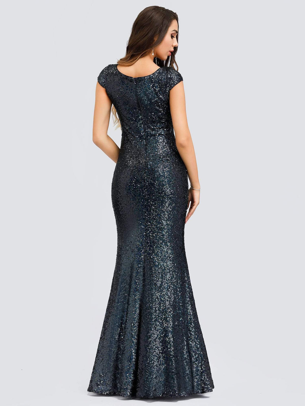 Color=Navy Blue | Elegant V Neck Floor Length Sequin Party Dress-Navy Blue 2