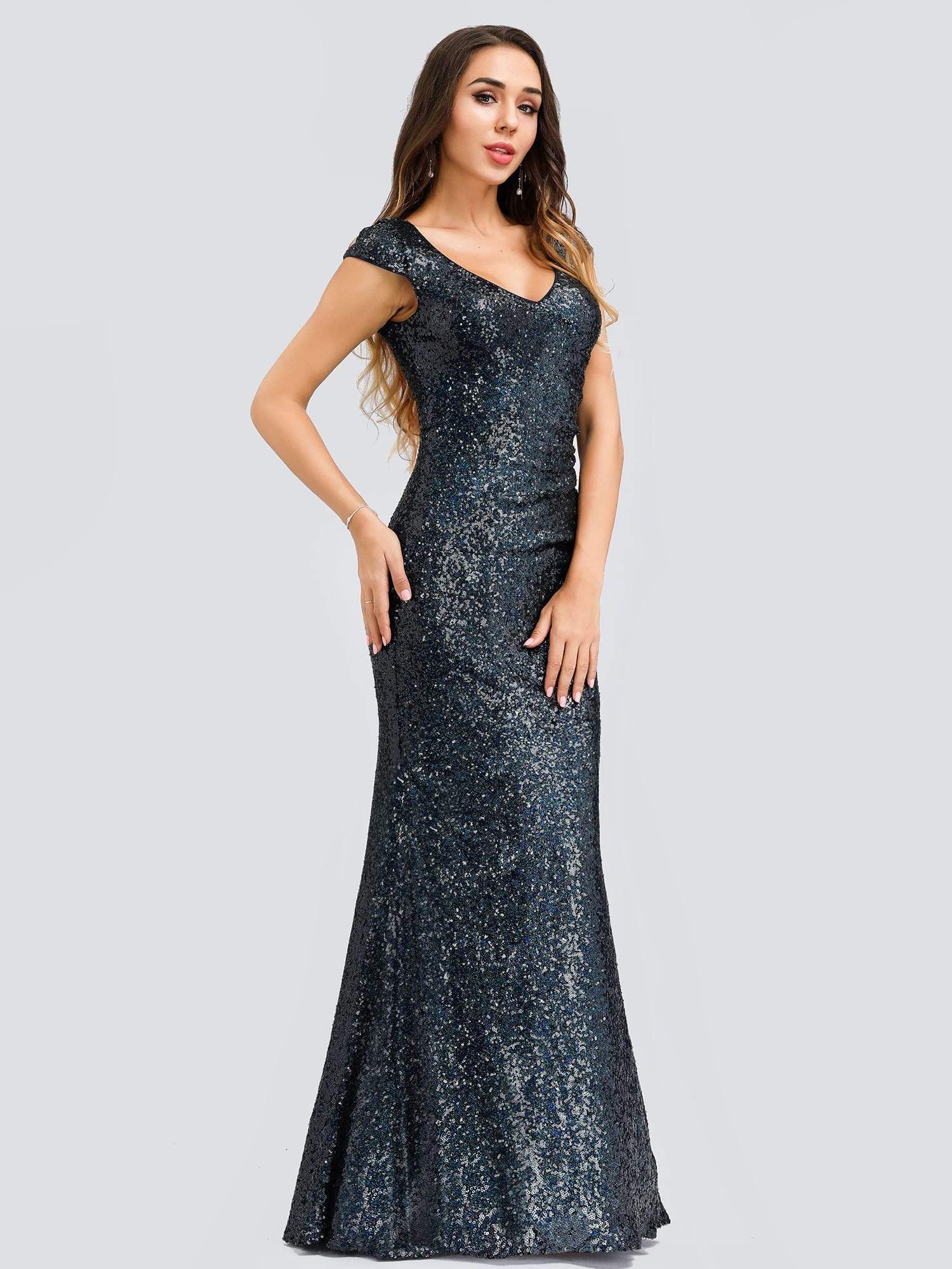 Color=Navy Blue | Elegant V Neck Floor Length Sequin Party Dress-Navy Blue 3
