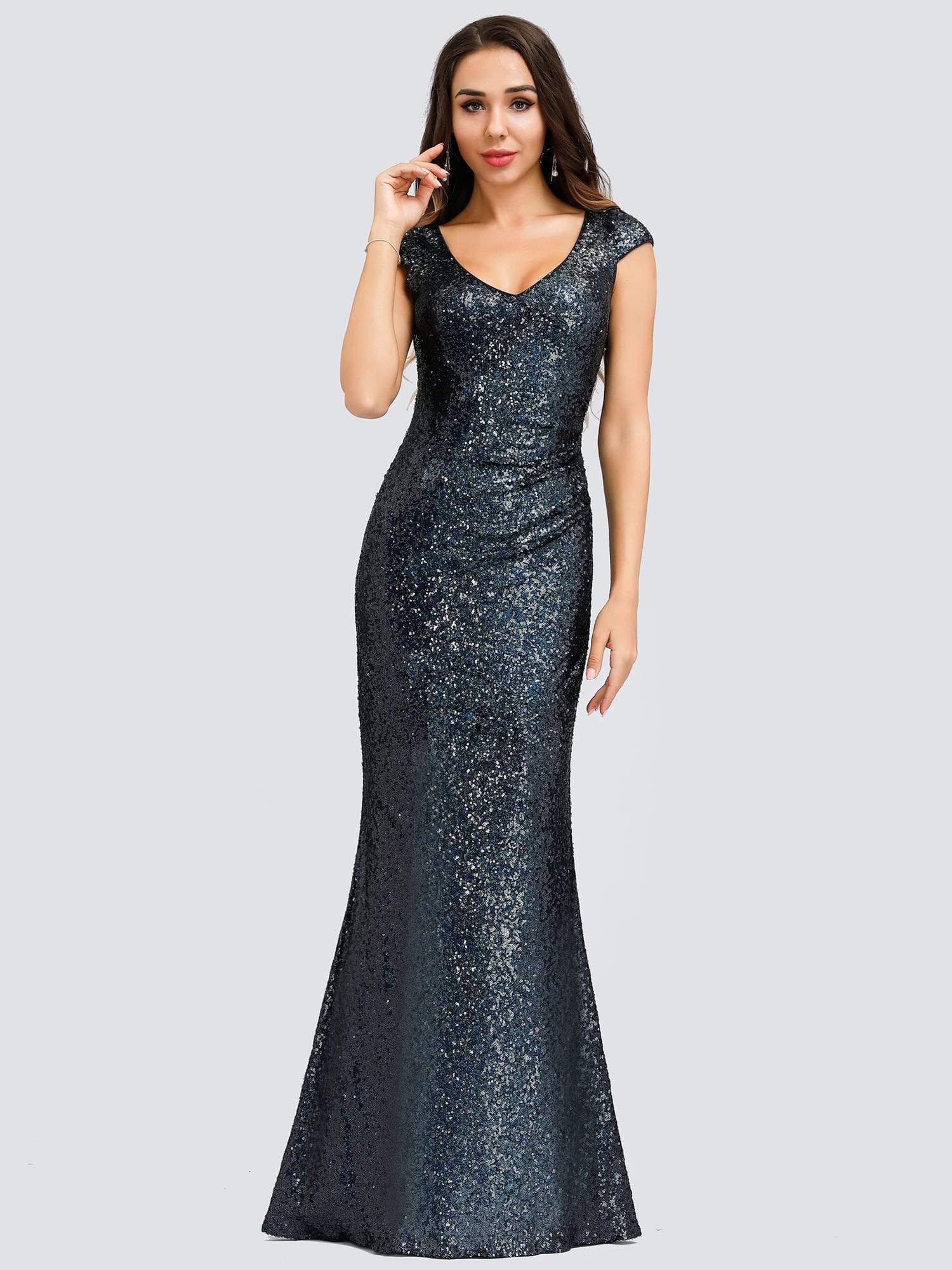 Color=Navy Blue | Elegant V Neck Floor Length Sequin Party Dress-Navy Blue 4