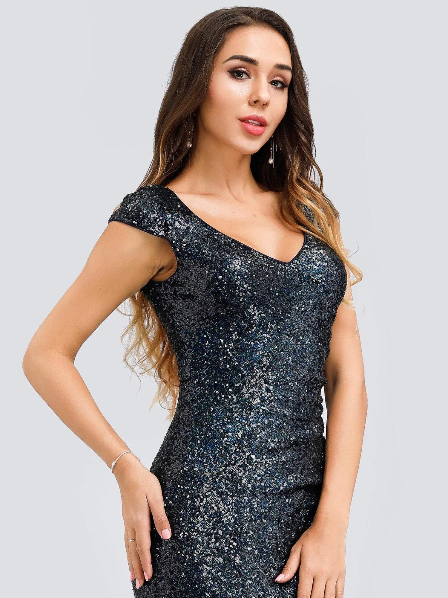 Color=Navy Blue | Elegant V Neck Floor Length Sequin Party Dress-Navy Blue 5