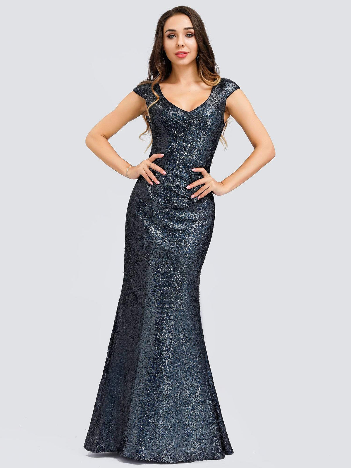 Color=Navy Blue | Elegant V Neck Floor Length Sequin Party Dress-Navy Blue 1