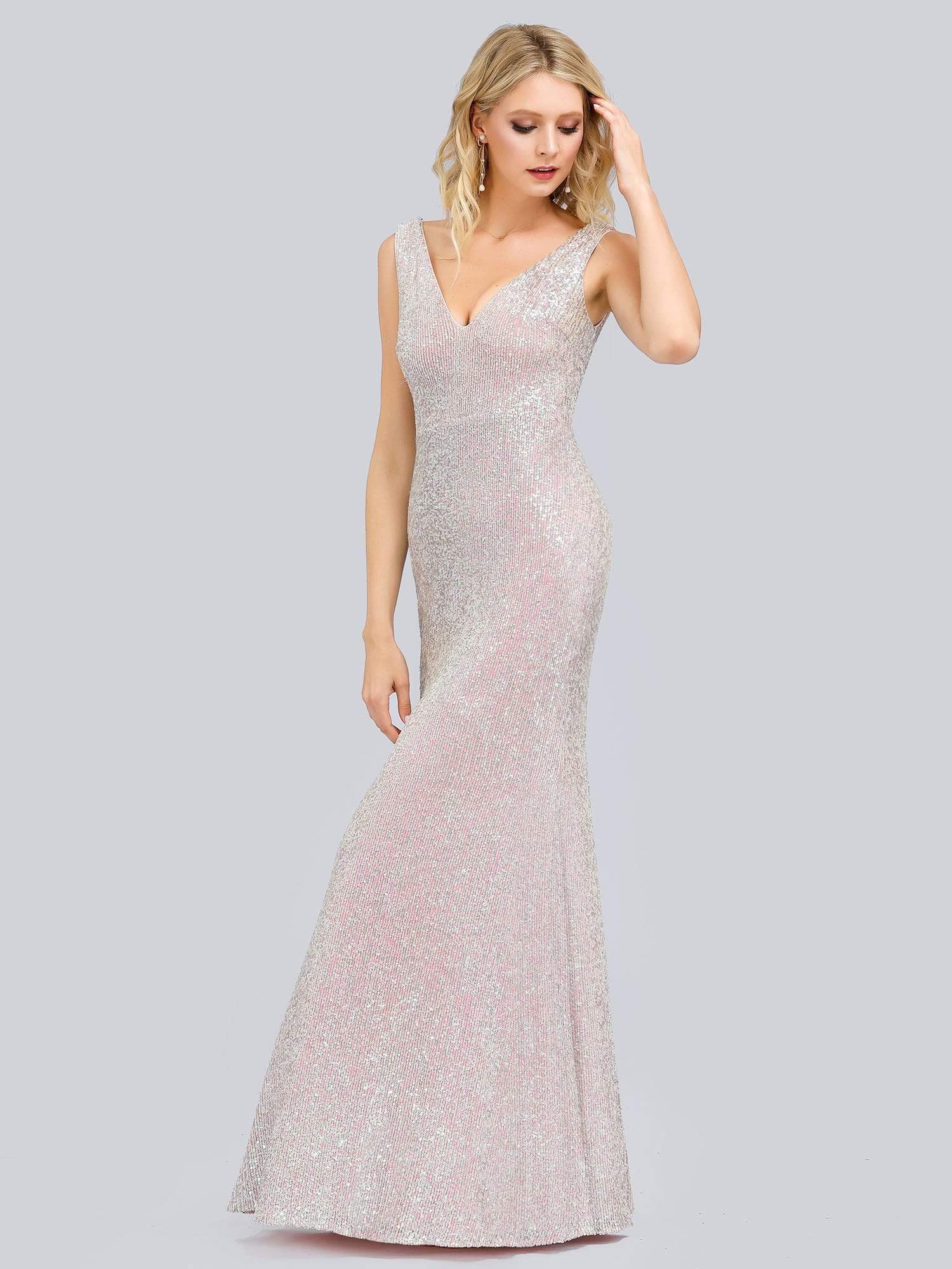 Color=Pink | Women'S V-Neck Sleeveless Sequin Dress Bodycon Evening Dress-Pink 7