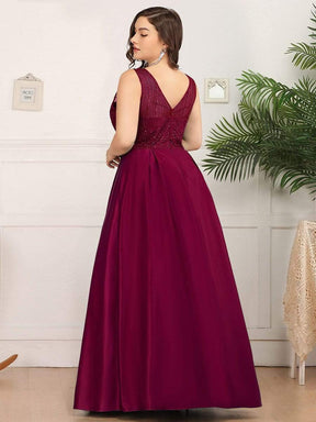 Color=Burgundy | Deep V Neck Floor Length Plus Size Sparkly Evening Gown Dresses-Burgundy 2