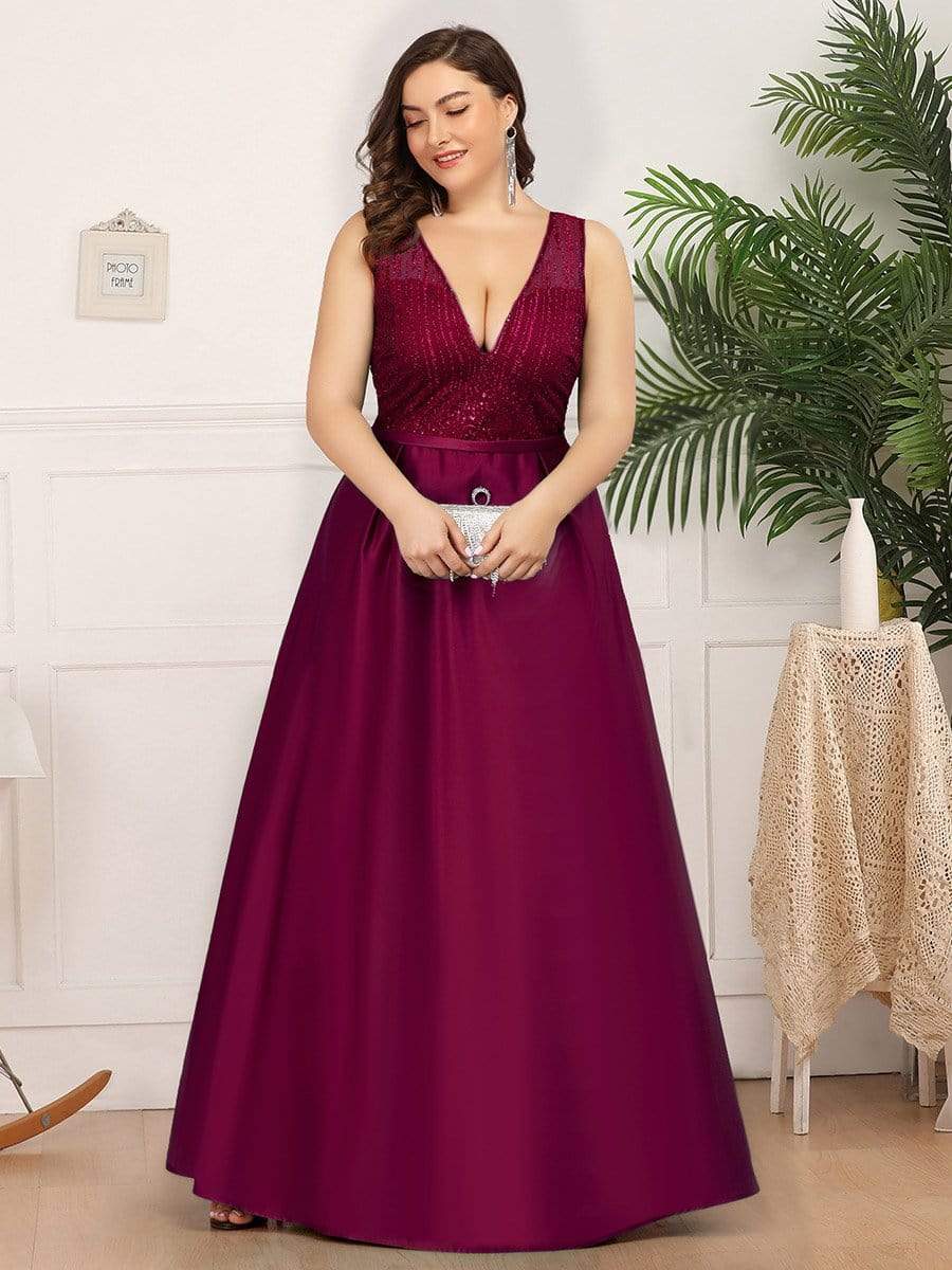Color=Burgundy | Deep V Neck Floor Length Plus Size Sparkly Evening Gown Dresses-Burgundy 4