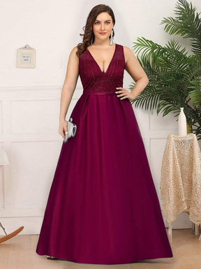 Color=Burgundy | Deep V Neck Floor Length Plus Size Sparkly Evening Gown Dresses-Burgundy 1