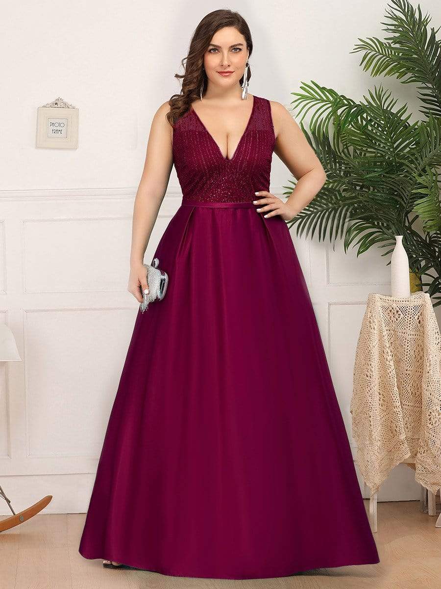 Color=Burgundy | Elegant Deep V Neck Floor Length Evening Dress-Burgundy 6