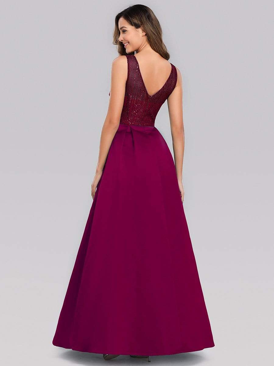 Color=Burgundy | Elegant Deep V Neck Floor Length Evening Dress-Burgundy 2