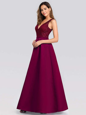 Color=Burgundy | Elegant Deep V Neck Floor Length Evening Dress-Burgundy 3