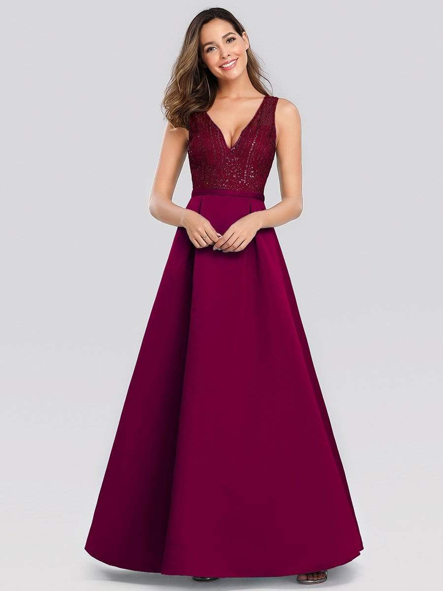 Color=Burgundy | Elegant Deep V Neck Floor Length Evening Dress-Burgundy 4