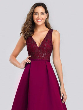 Color=Burgundy | Elegant Deep V Neck Floor Length Evening Dress-Burgundy 5