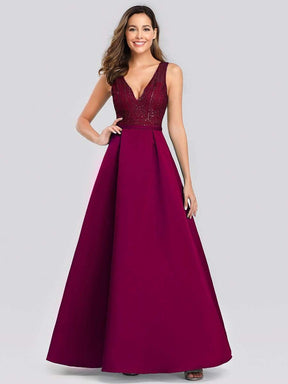 Color=Burgundy | Elegant Deep V Neck Floor Length Evening Dress-Burgundy 1