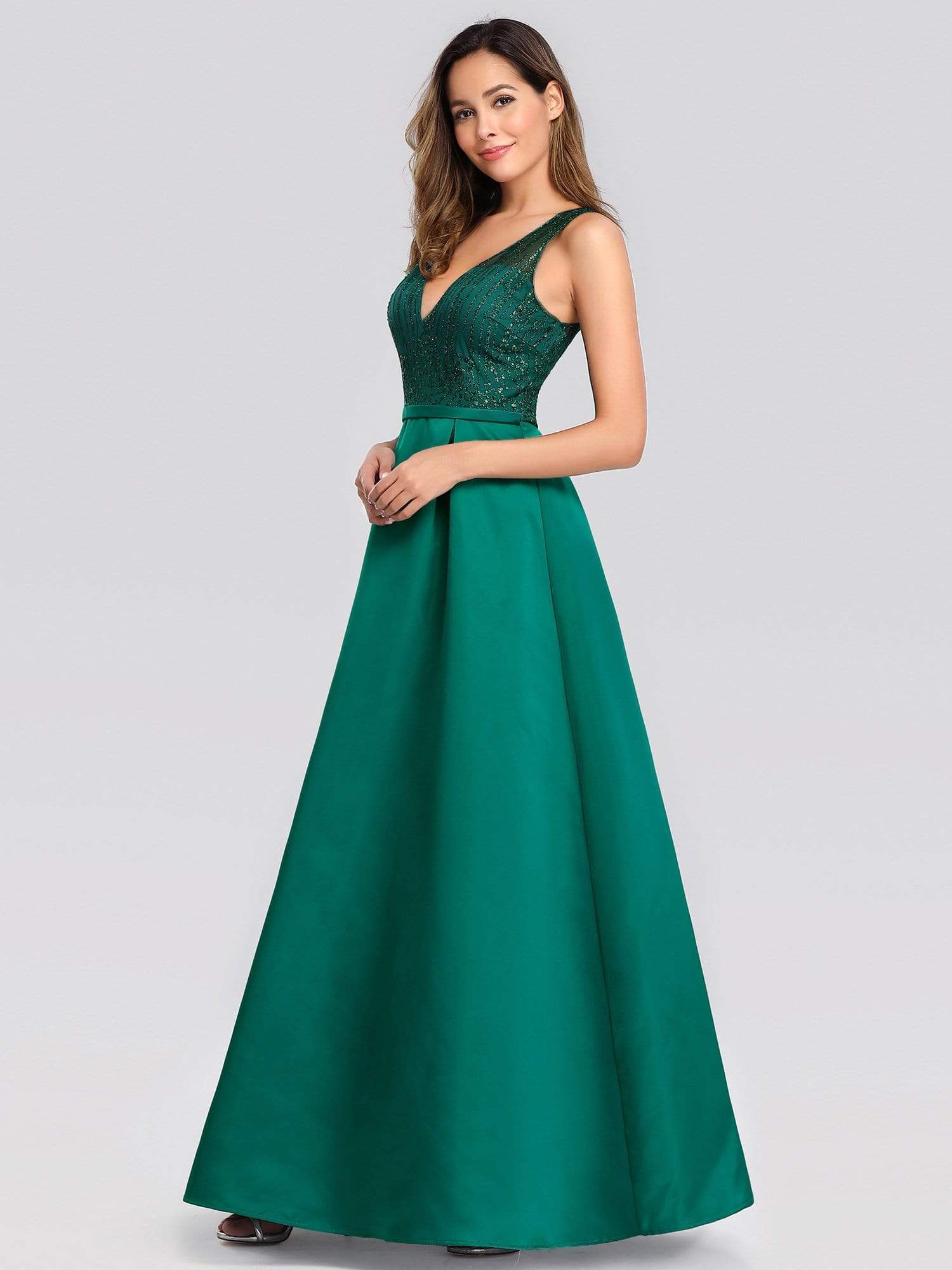 Color=Dark Green | Elegant Deep V Neck Floor Length Evening Dress-Dark Green 3