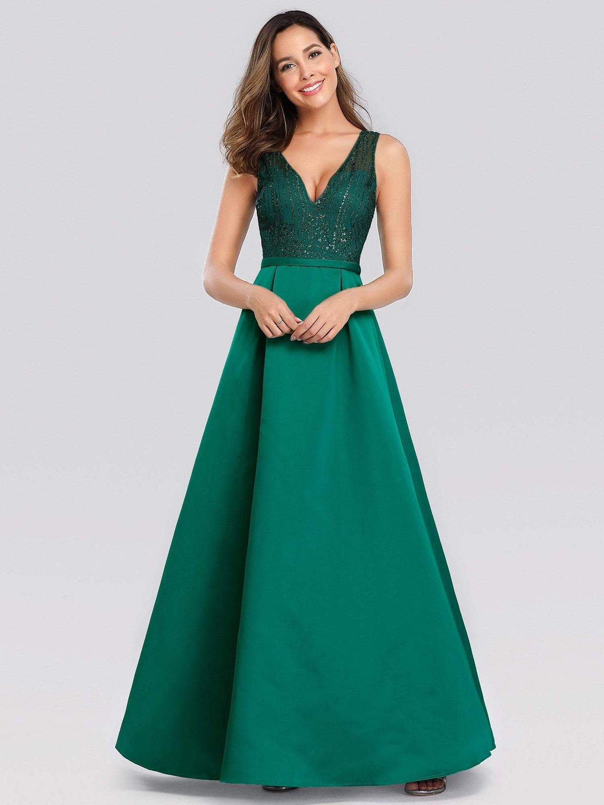 Color=Dark Green | Elegant Deep V Neck Floor Length Evening Dress-Dark Green 2