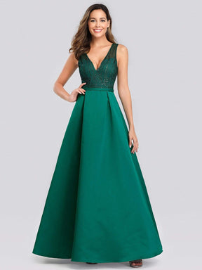 Color=Dark Green | Elegant Deep V Neck Floor Length Evening Dress-Dark Green 1