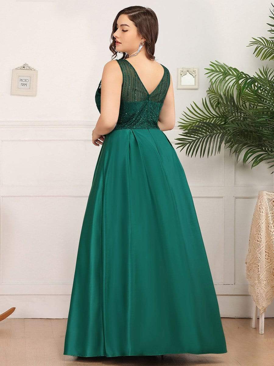 Color=Dark Green | Deep V Neck Floor Length Plus Size Sparkly Evening Gown Dresses-Dark Green 2