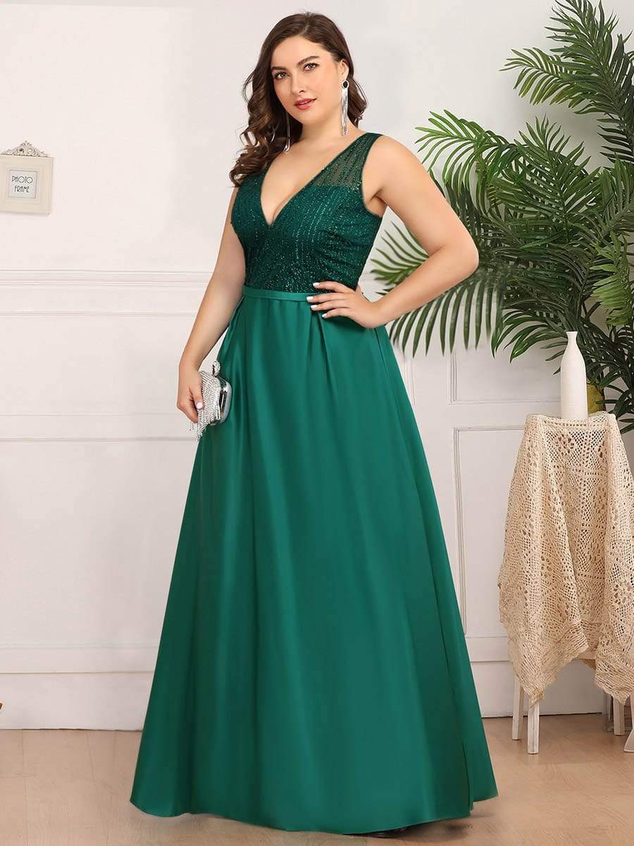 Color=Dark Green | Deep V Neck Floor Length Plus Size Sparkly Evening Gown Dresses-Dark Green 3