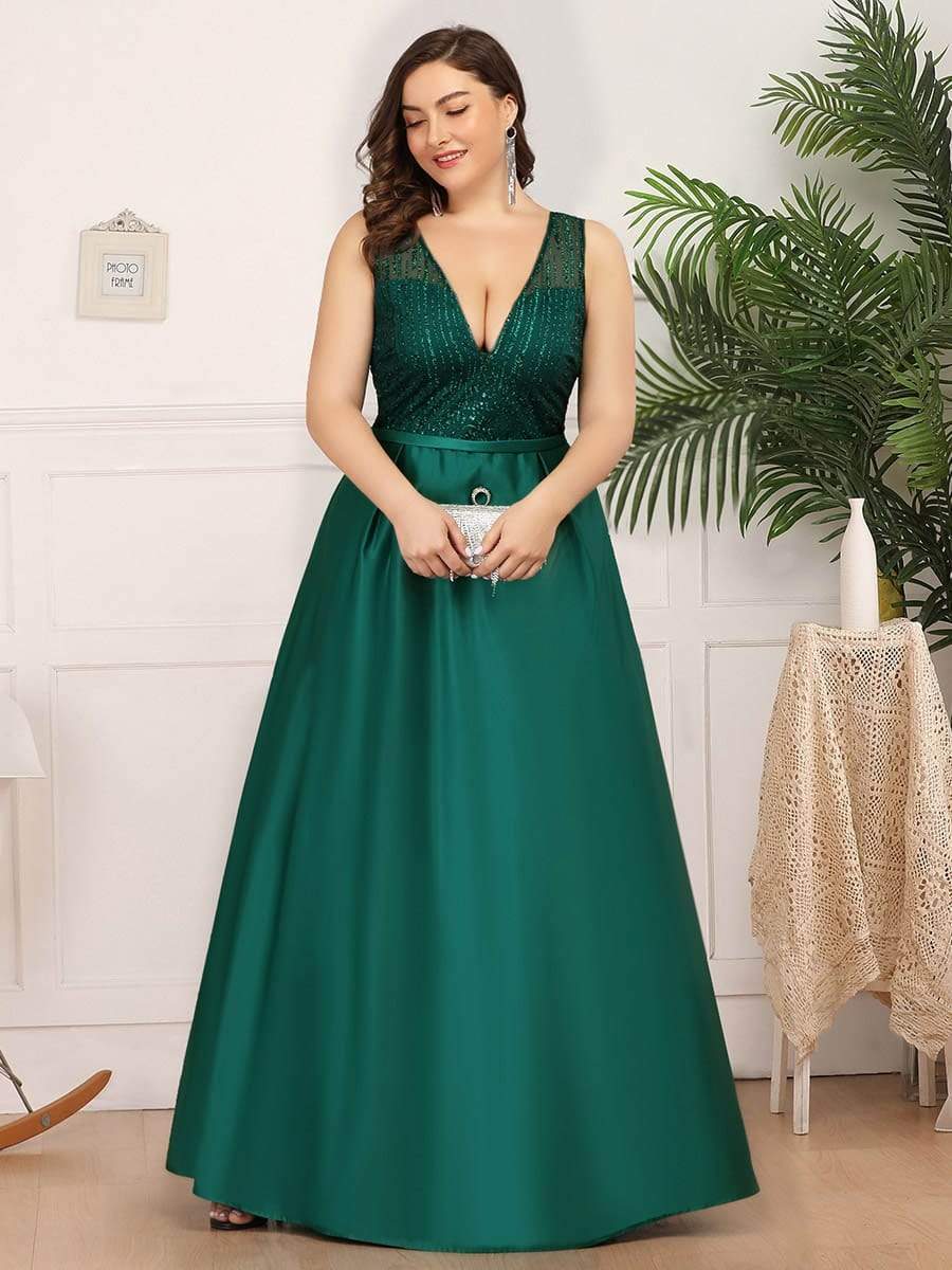 Color=Dark Green | Deep V Neck Floor Length Plus Size Sparkly Evening Gown Dresses-Dark Green 4